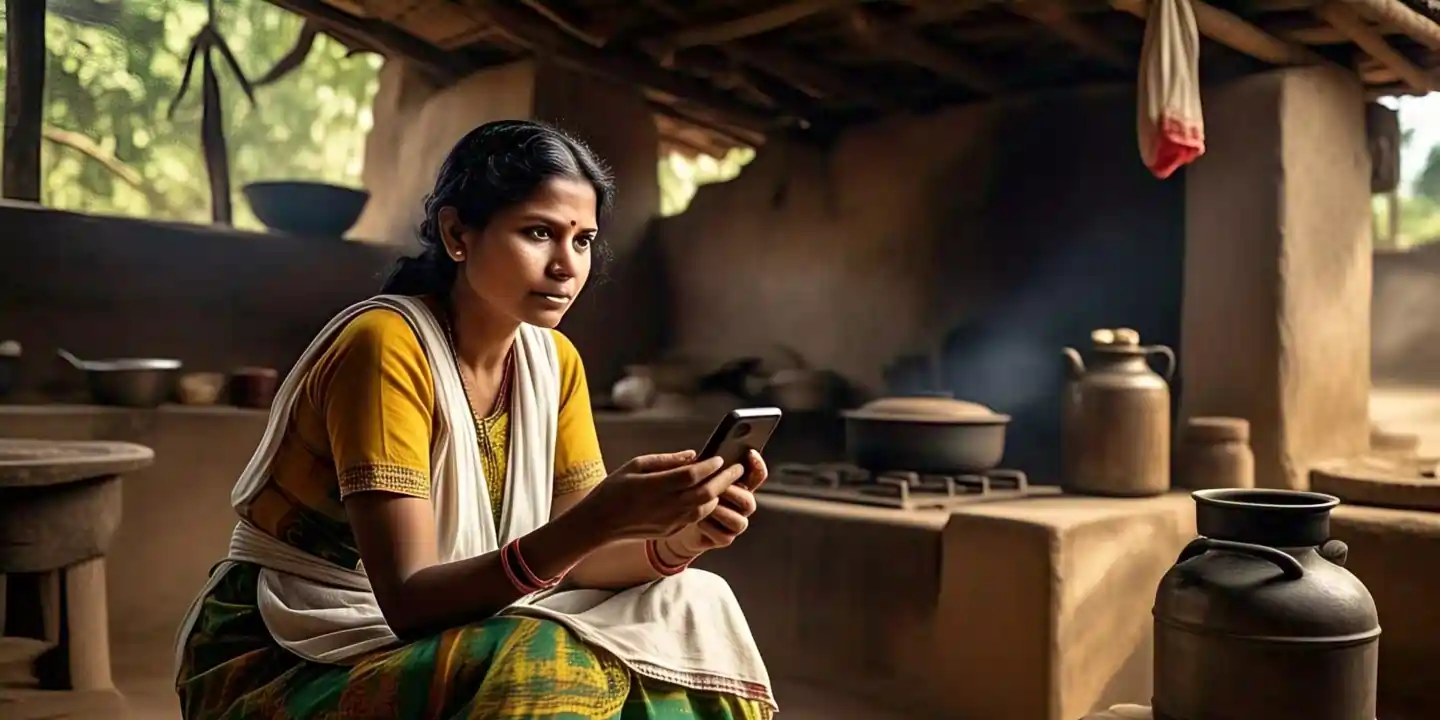 महिला मोबाइल पर गैस सब्सिडी की शिकायत दर्ज करती हुई