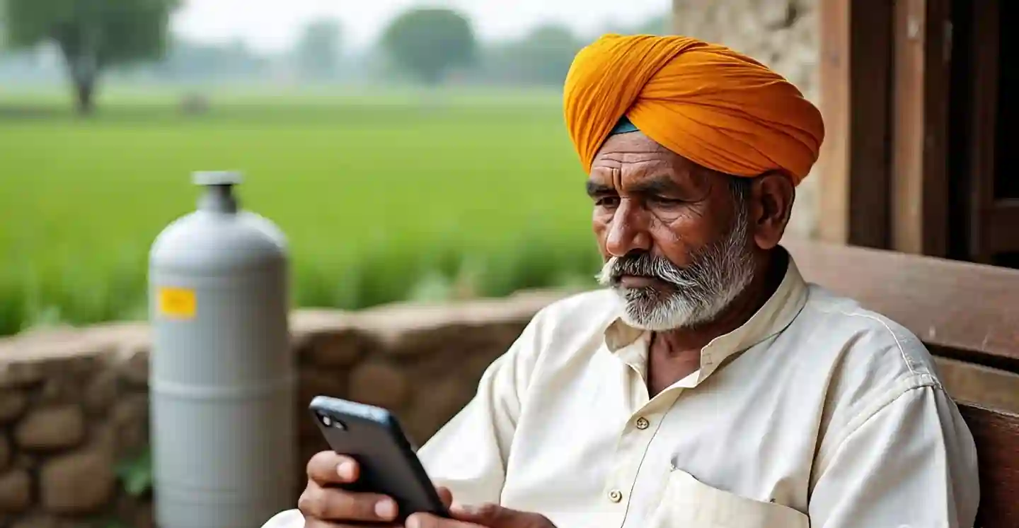 MyLPG Gas portal mobile booking screen with Indian farmer